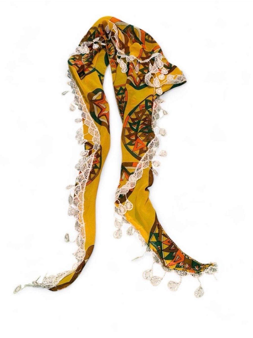 Boho Lace-Trim Mustard Yellow Scarf with Geometric Print